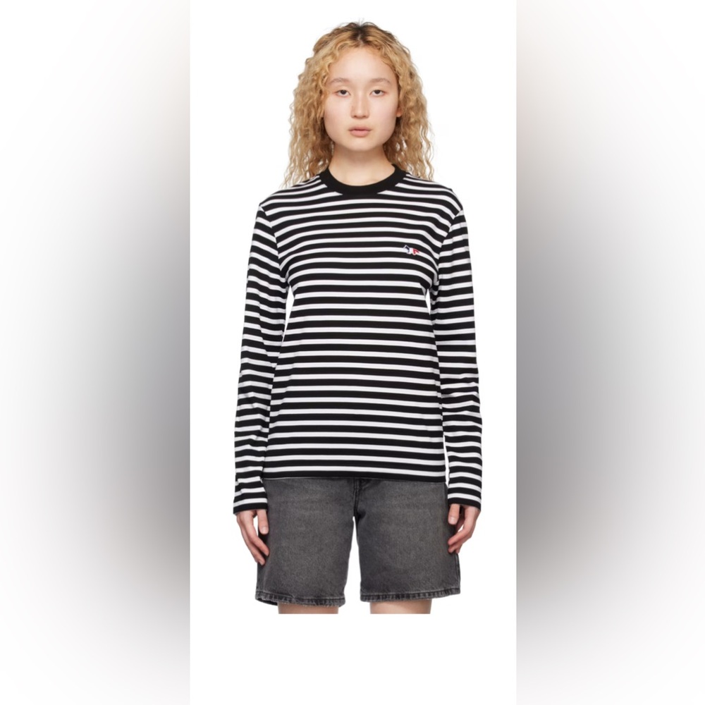 MAISON KITSUNE Black and White Striped Long Sleeve Tee